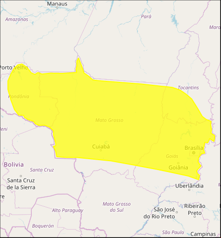 Mapa das áreas com previsão de chuvas intensas nesta 4ª feira -  Fonte: Inmet