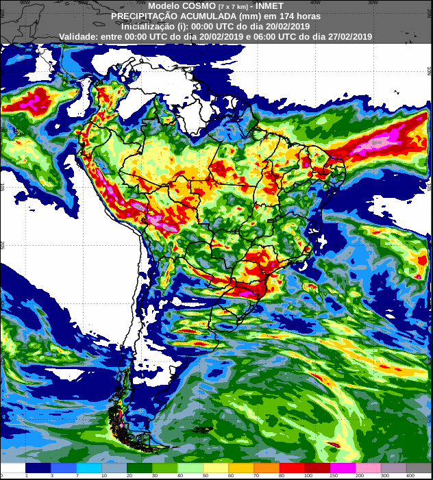 Mapa de previsão de precipitação acumulada nos próximos 7 dias em todo o Brasil - Fonte: Inmet