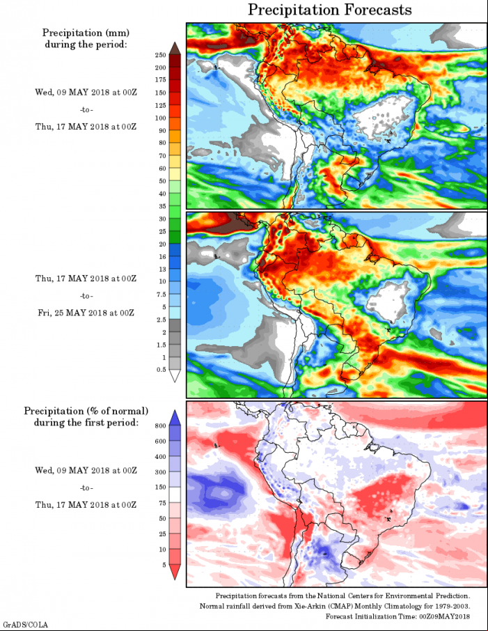 Mapa com a precipitação acumulada para om período de 09 de maio até 25 de maio - Fonte: National Centers for Environmental Prediction/NOAA