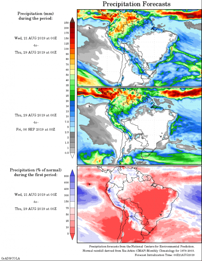 Mapa com a tendência de precipitação acumulada para o período de 21 de agosto até 06 de setembro - Fonte: National Centers for Environmental Prediction/NOAA