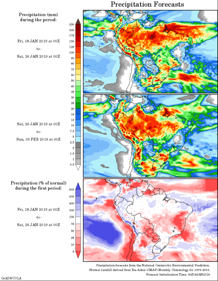 Mapa com a tendência de precipitação acumulada para o período de 18 de janeiro até 03 de fevereiro - Fonte: National Centers for Environmental Prediction/NOAA