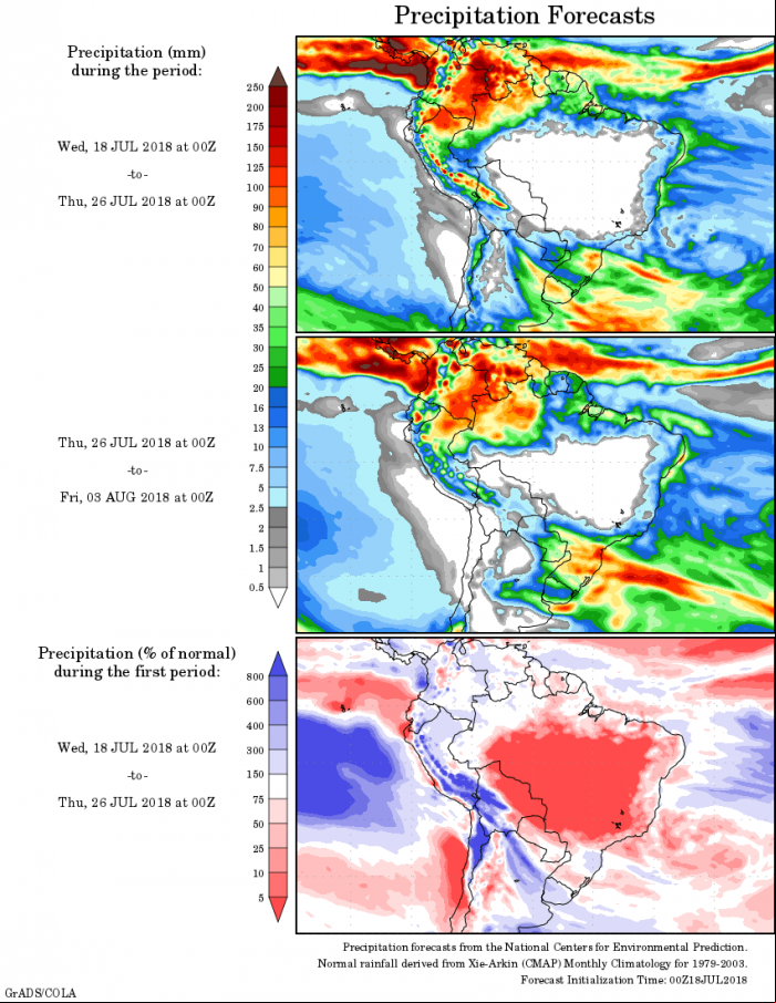 Mapa com a precipitação acumulada para o período de 18 de julho até 03 de agosto - Fonte: National Centers for Environmental Prediction/NOAA