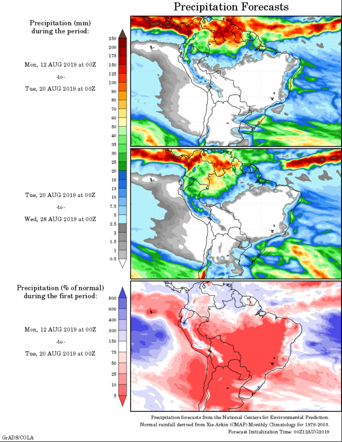 Mapa com a tendência de precipitação acumulada para o período de 12 até 28 de agosto - Fonte: National Centers for Environmental Prediction/NOAA