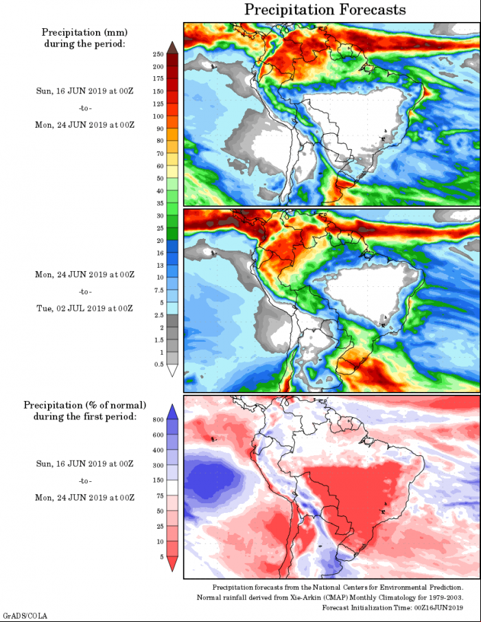 Mapa com a tendência de precipitação acumulada para o período de 16 até 02 de julho - Fonte: National Centers for Environmental Prediction/NOAA