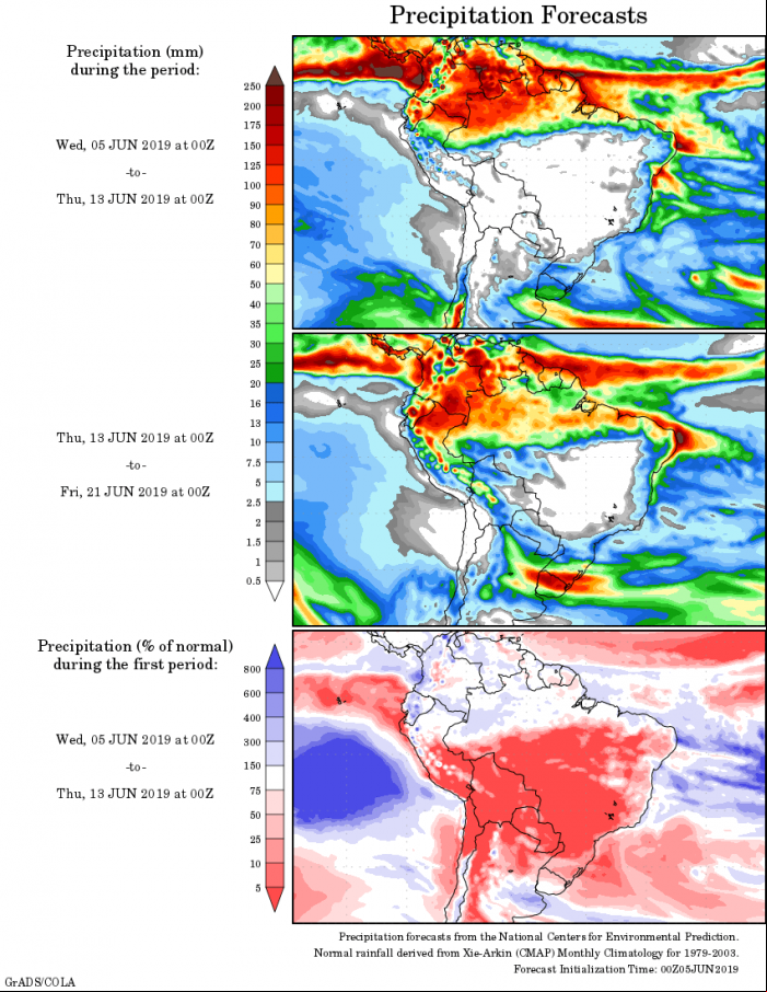 Mapa com a tendência de precipitação acumulada para o período de 05 até 21 de junho - Fonte: National Centers for Environmental Prediction/NOAA