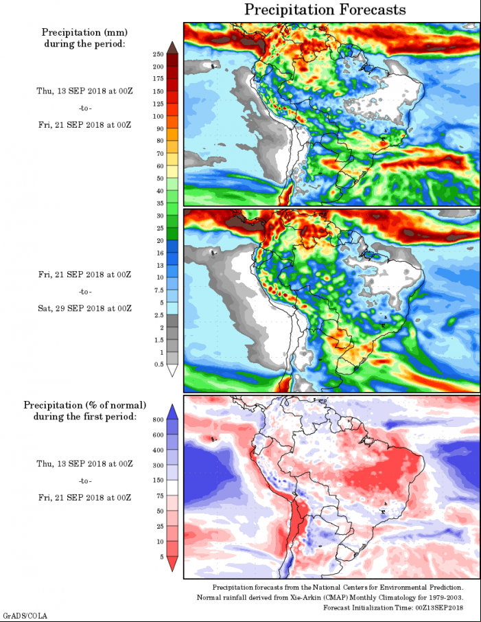 Mapa com a precipitação acumulada para o período de 13 de agosto até 29 de setembro - Fonte: National Centers for Environmental Prediction/NOAA