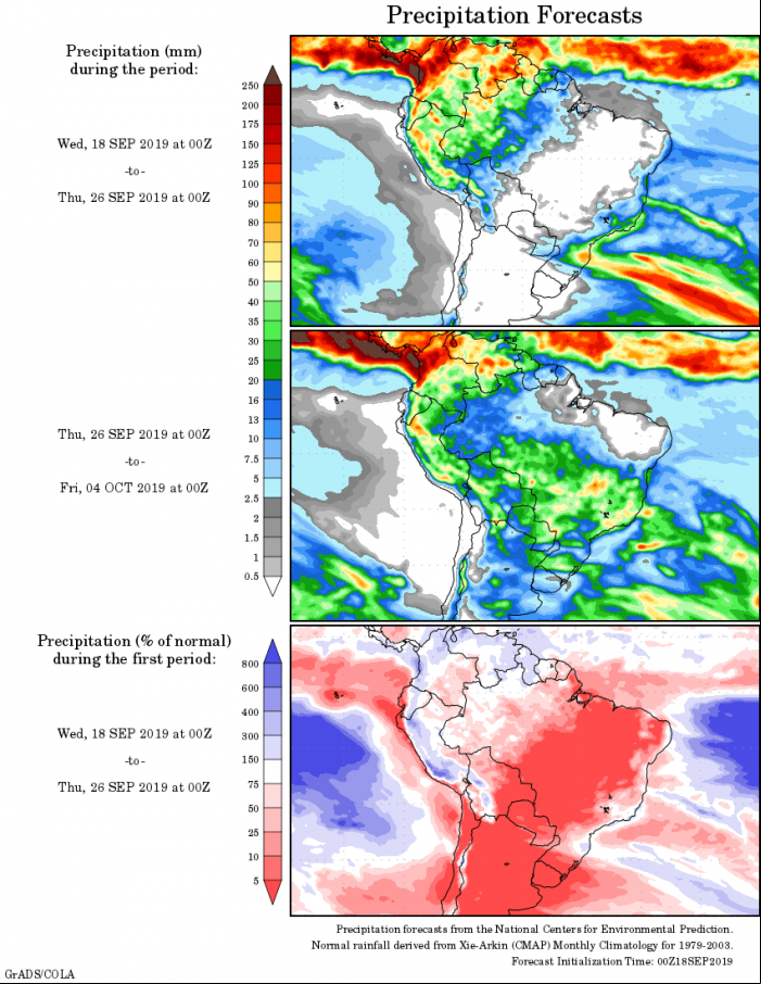 Mapa com a tendência de precipitação acumulada para o período de 18 de setembro até 04 de outubro - Fonte: National Centers for Environmental Prediction/NOAA