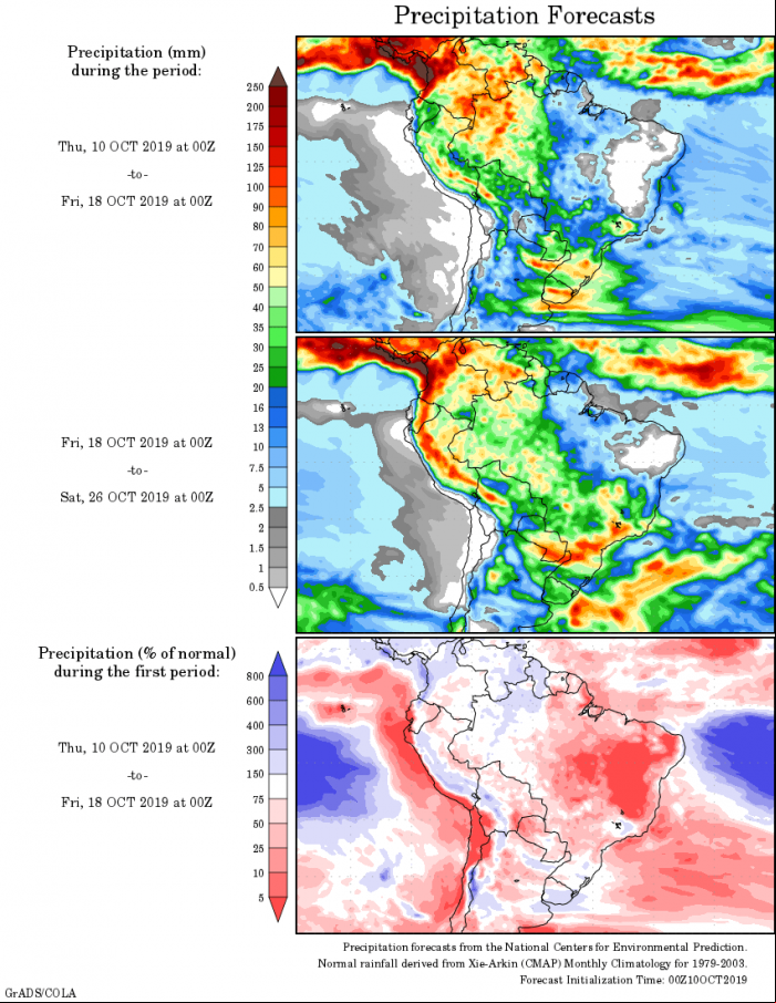 Mapa com a tendência de precipitação acumulada para o período de 10 de outubro até 26 de outubro - Fonte: National Centers for Environmental Prediction/NOAA