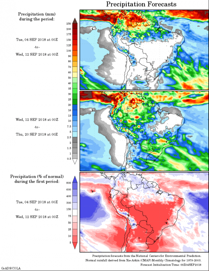 Mapa com a precipitação acumulada para o período de 04 de agosto até 20 de setembro - Fonte: National Centers for Environmental Prediction/NOAA