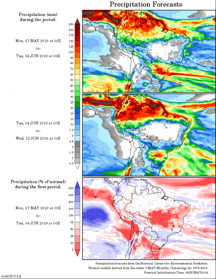 Mapa com a tendência de precipitação acumulada para o período de 27 de maio até 12 de junho - Fonte: National Centers for Environmental Prediction/NOAA