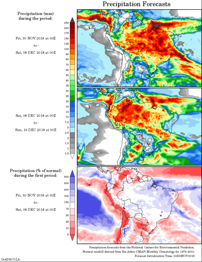 Mapa com a precipitação acumulada para o período de 30 de novembro até 16 de dezembro - Fonte: National Centers for Environmental Prediction/NOAA