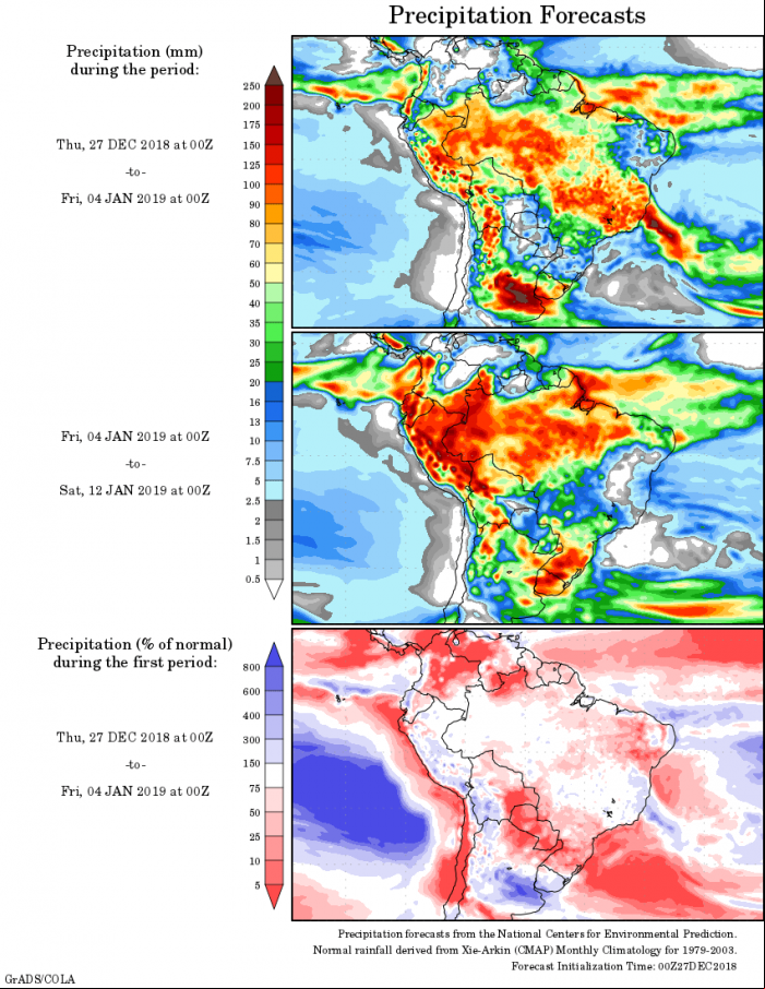Mapa com a tendência de precipitação acumulada para o período de 27 de dezembro até 12 de janeiro - Fonte: National Centers for Environmental Prediction/NOAA