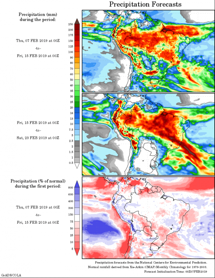 Mapa com a tendência de precipitação acumulada para o período de 07 de fevereiro até 23 de fevereiro - Fonte: National Centers for Environmental Prediction/NOAA
