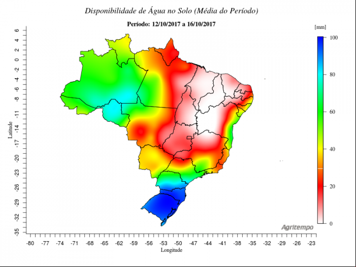 Mapa com disponibilidade de água no solo em todo o Brasil de 12/10 a 16/10 - Fonte: Agritempo
