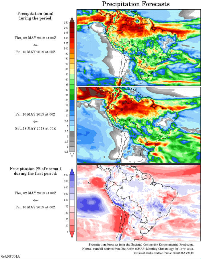 Mapa com a tendência de precipitação acumulada para o período de 02 de maio até 18 de maio - Fonte: National Centers for Environmental Prediction/NOAA