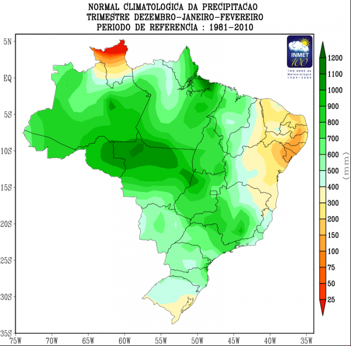 Climatologia de precipitação para o trimestre dezembro, janeiro e fevereiro. Período de referência: 1981 – 2010 - Fonte: Inmet
