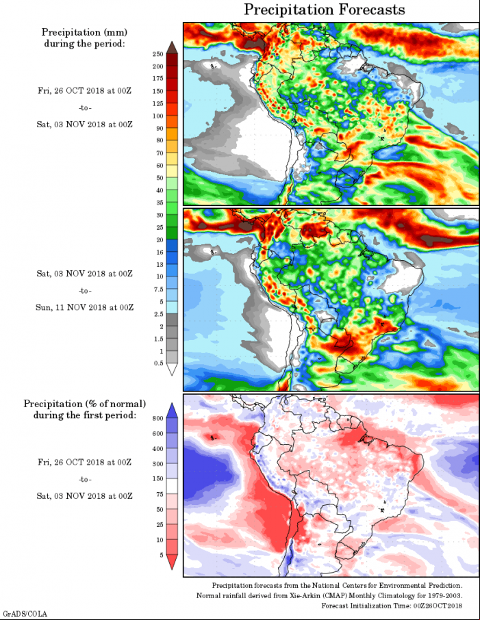 Mapa com a precipitação acumulada para o período de 26 de outubro 11 de novembro - Fonte: National Centers for Environmental Prediction/NOAA
