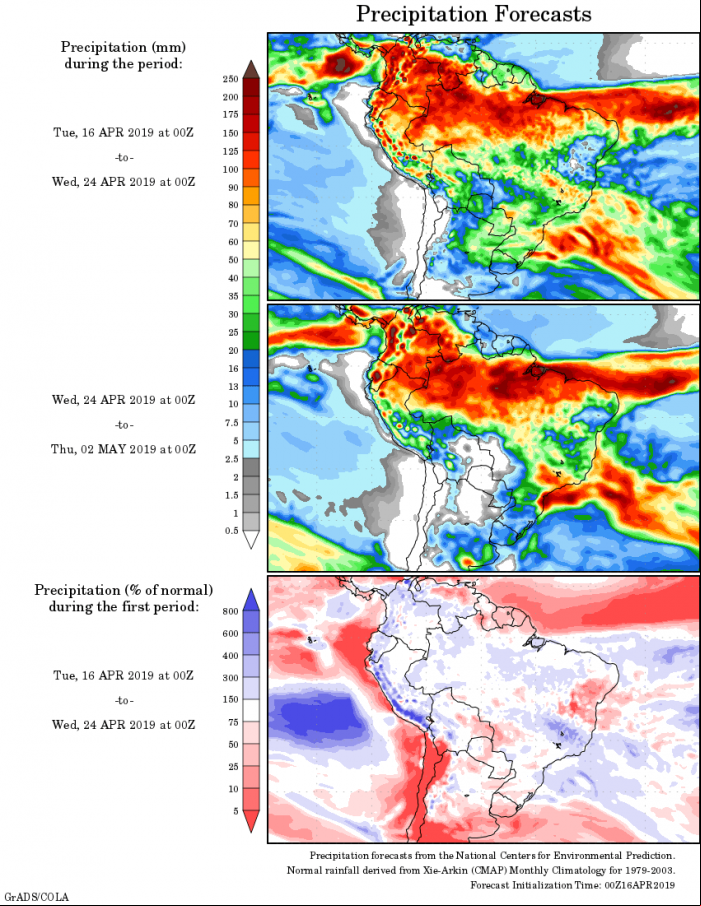 Mapa com a tendência de precipitação acumulada para o período de 16 de abril até 02 de maio - Fonte: National Centers for Environmental Prediction/NOAA