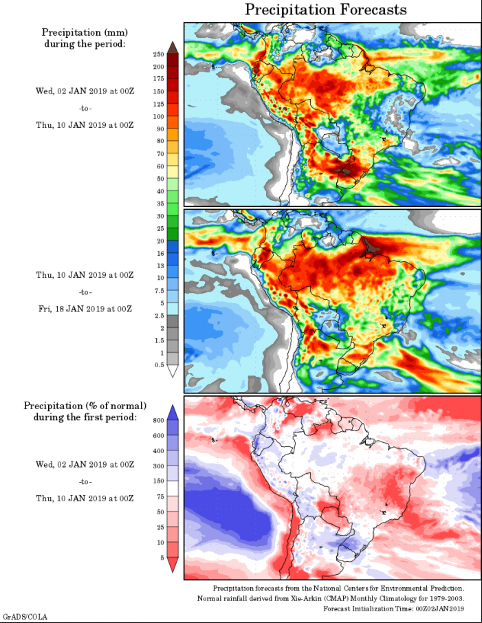Mapa com a tendência de precipitação acumulada para o período de 02 de janeiro até 18 de janeiro - Fonte: National Centers for Environmental Prediction/NOAA